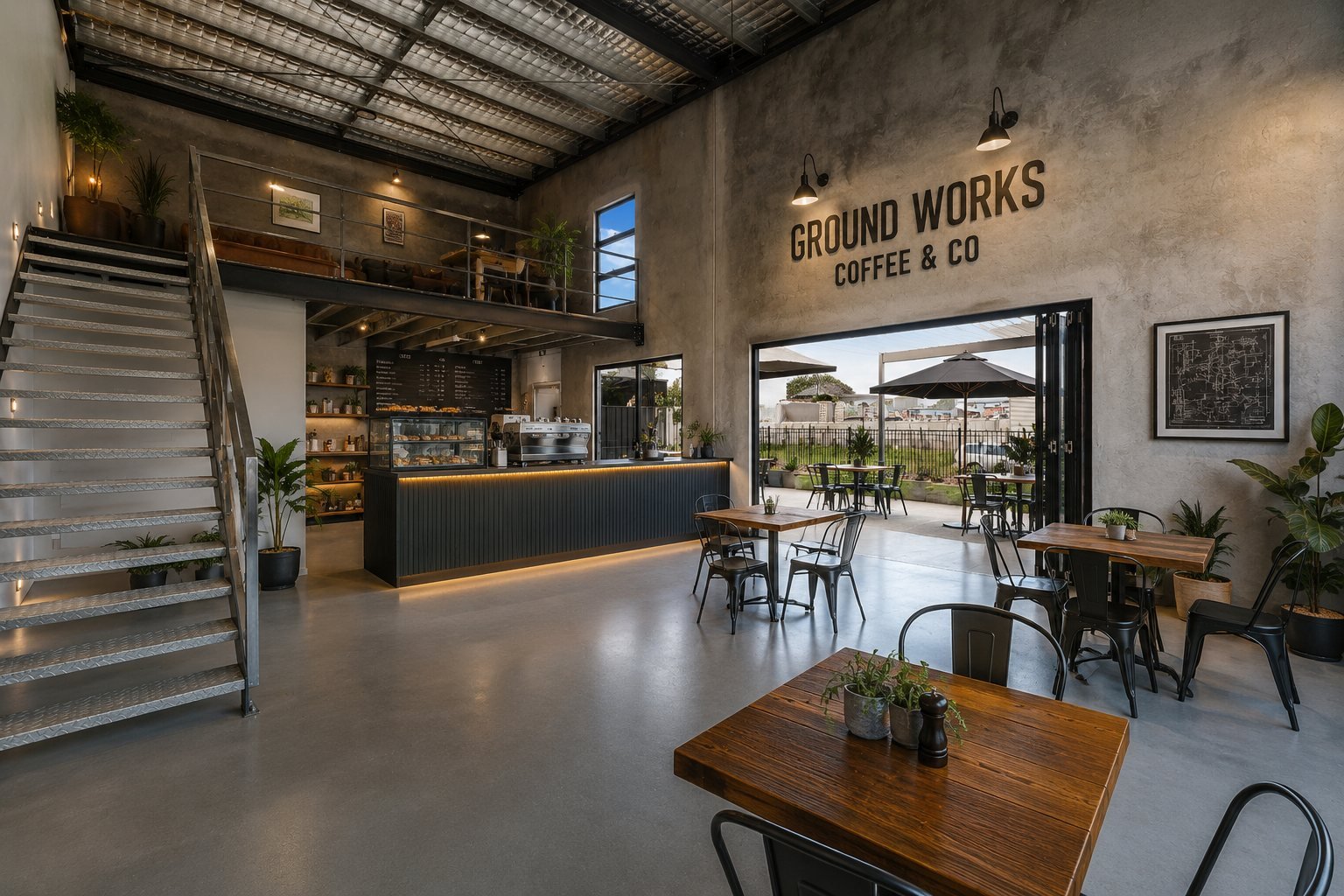 Concept image of a fitted-out industrial café — the style Pacific Woods Estate's café unit could take