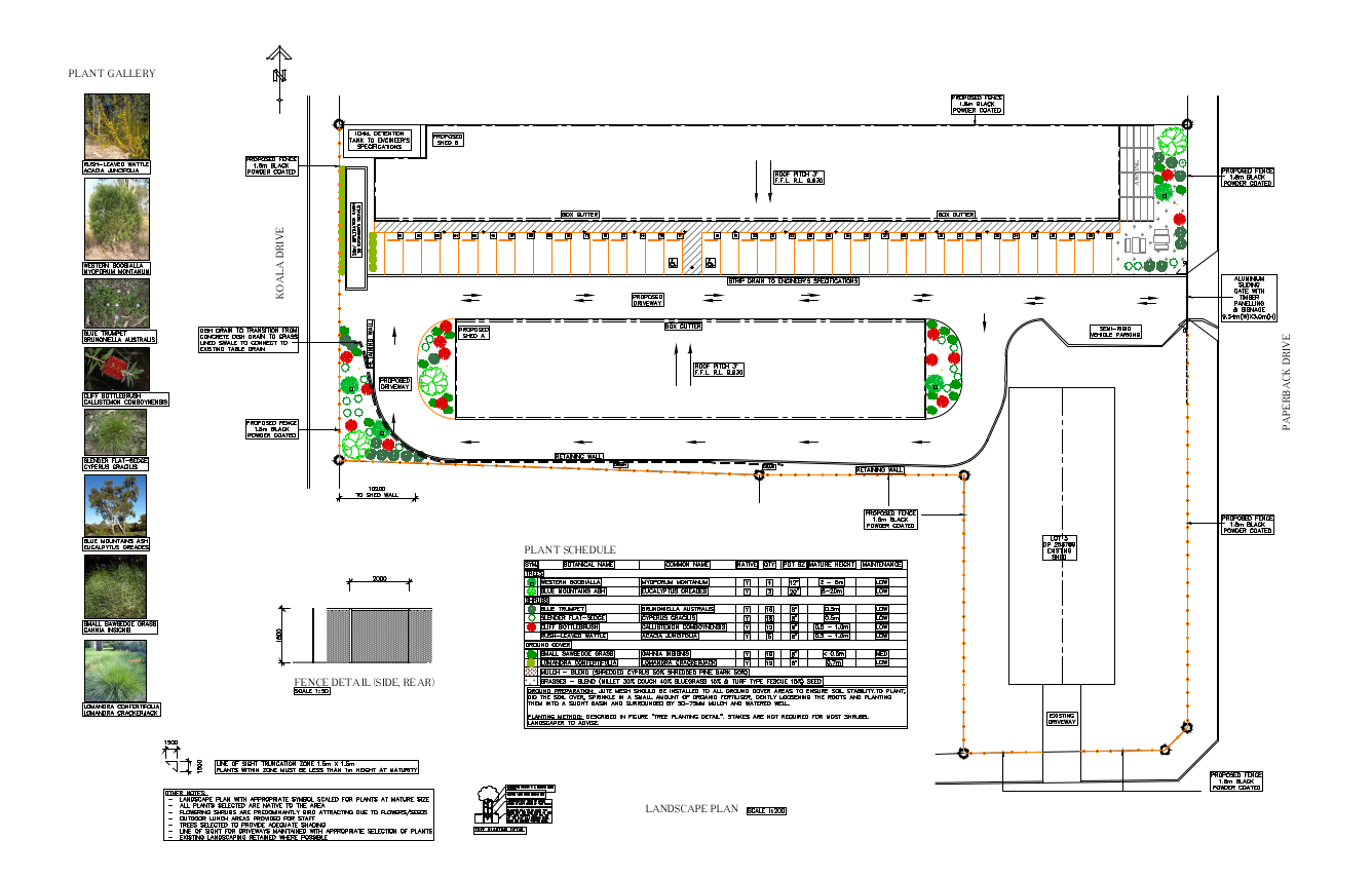 Pacific Woods Estate landscape plan with plant schedule — Townsend industrial units for lease and sale, 1 Paper Bark Drive Townsend NSW